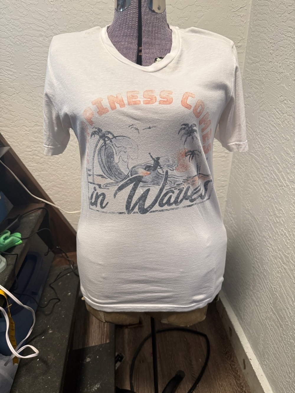 Bella Canvas White Graphic Tee with Pink and Blue Surf Design